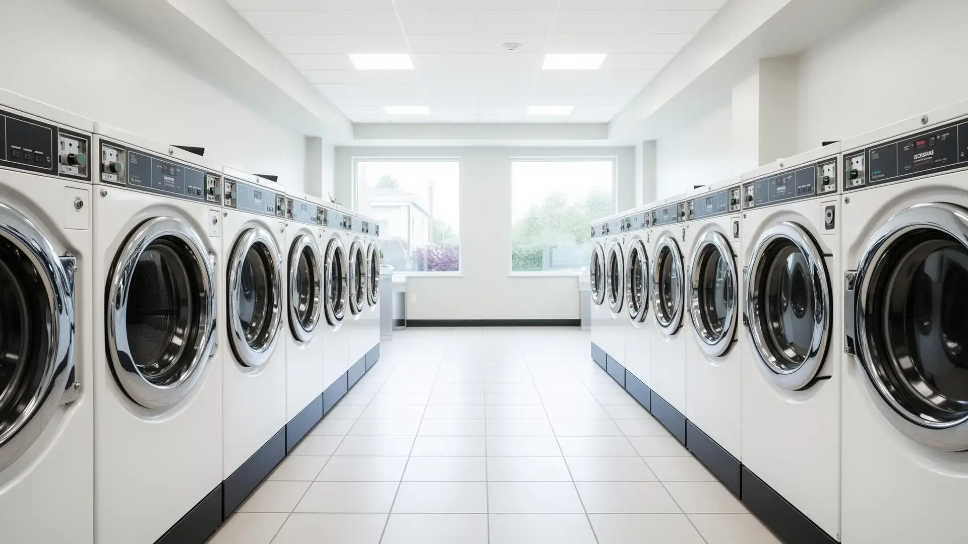 A pristine bright-white laundromat with two facing rows of front-load machines